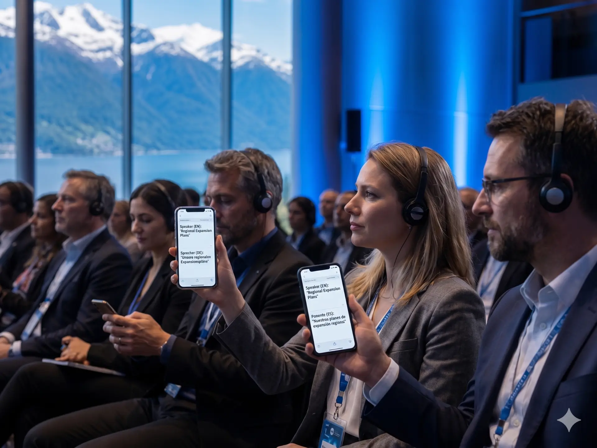 Event-Saal mit Bergpanorama und mehrsprachigen Teilnehmern