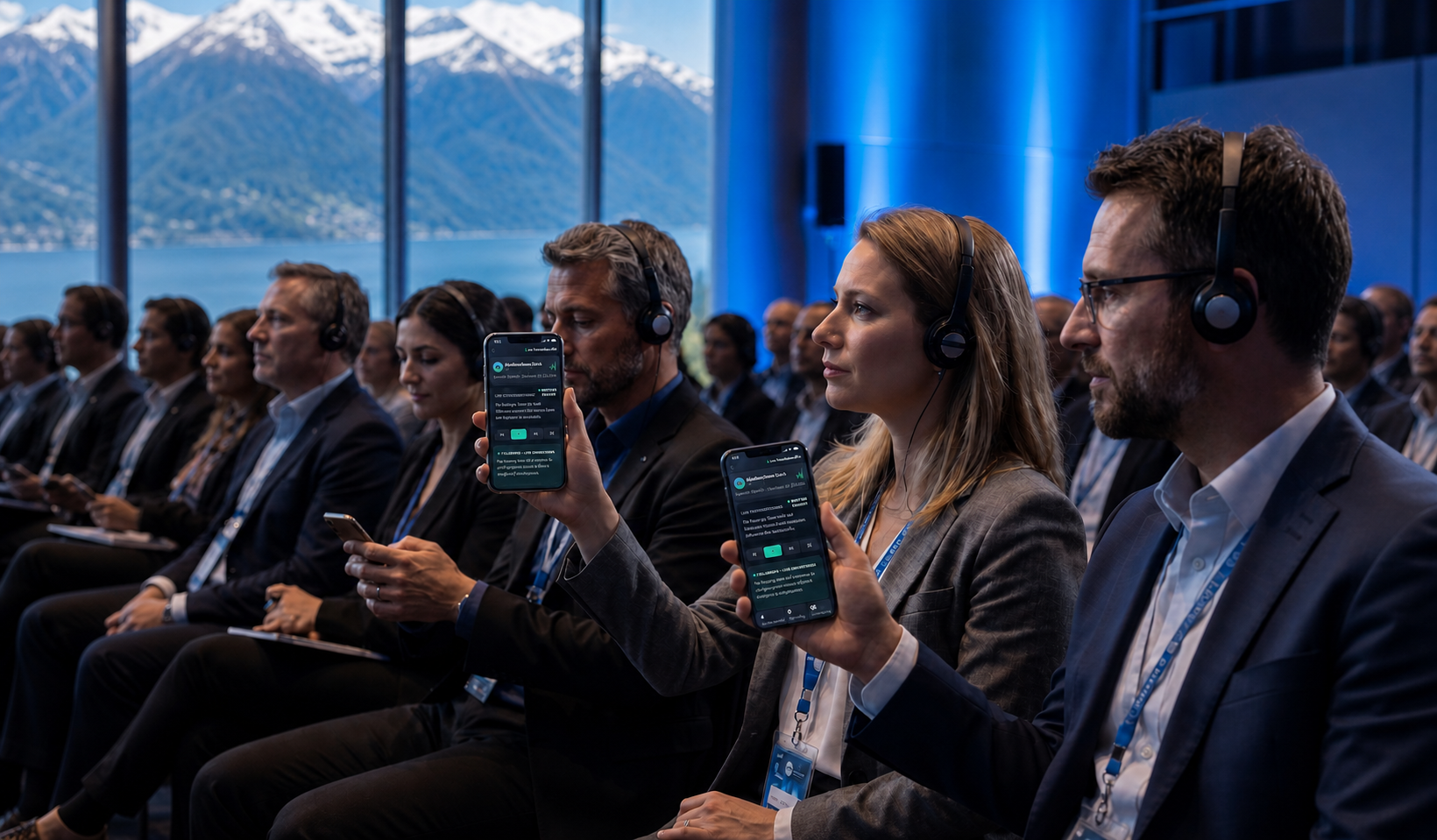 Konferenzgäste mit Kopfhörern und Smartphones vor einem Bergpanorama
